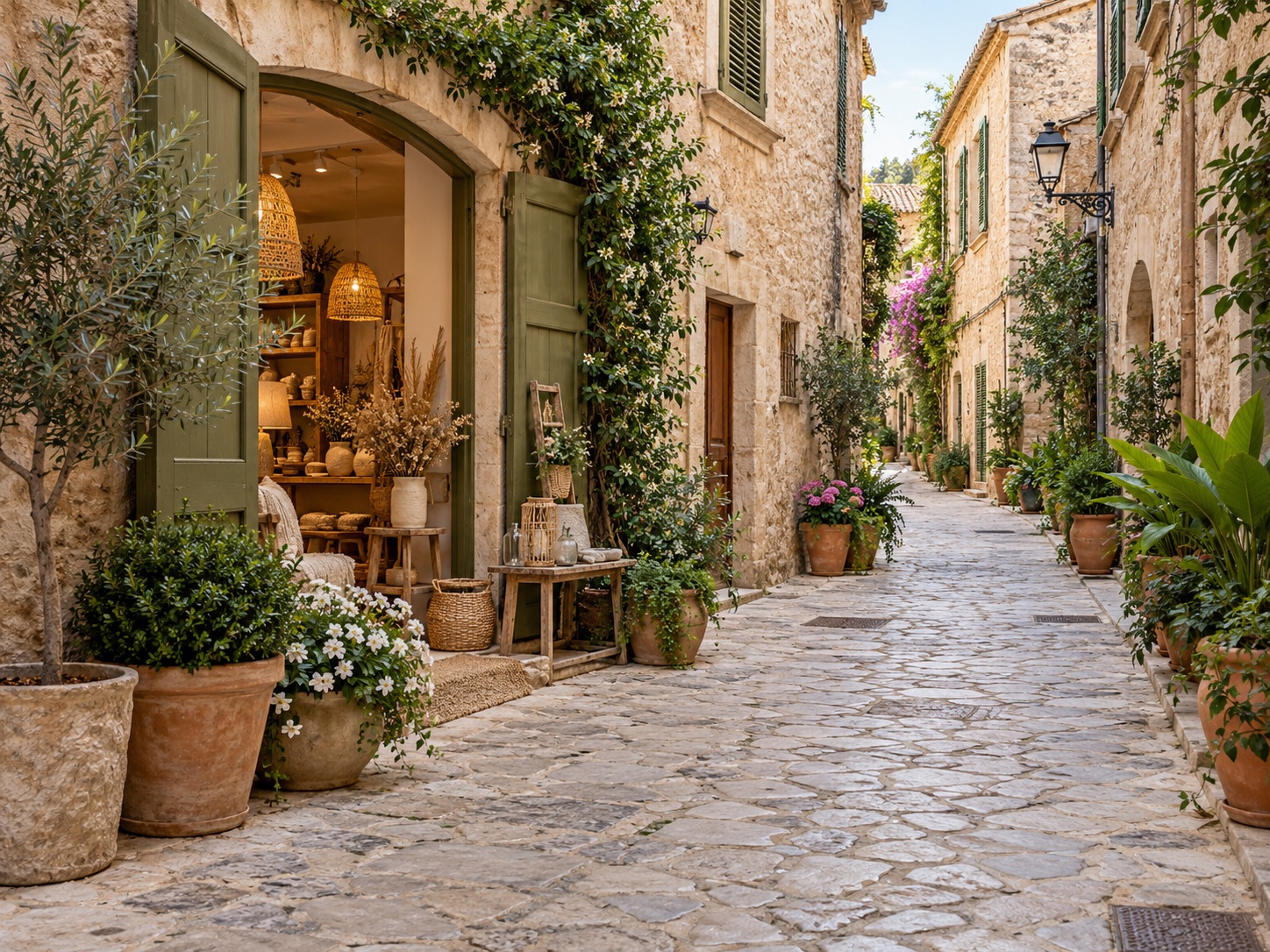 Calle mediterránea con plantas y comercios